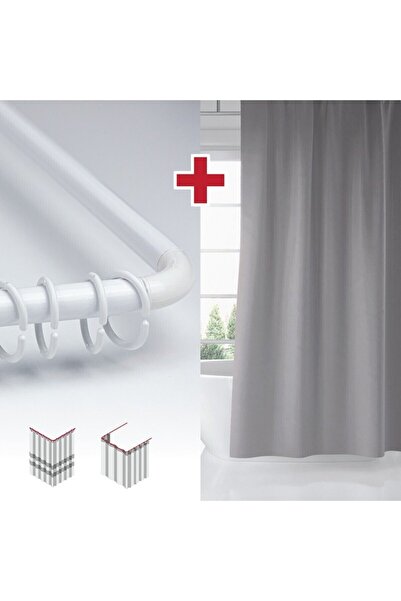 Tropikhome Gri Renk Banyo Perdesi Askı Hediyeli 180x200cm Tek Kanat Duş Perde...