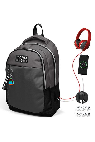 Coral High Kids Dark Gray Black Three Compartment USB School Backpack 24307
