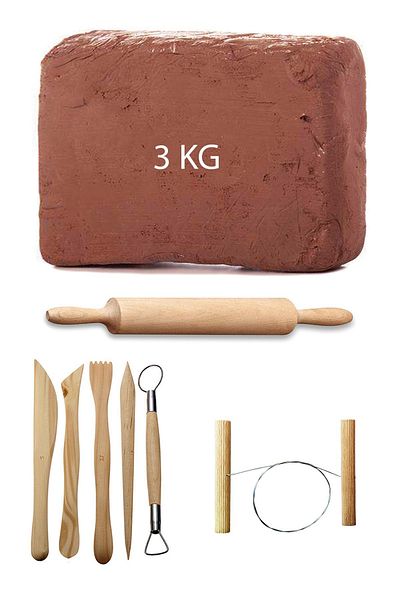ACUTO 3 kg Brown Mud Red Clay Ceramic Plasticine Set of 5 Ebeşuar Wooden Roller Cutting Wire