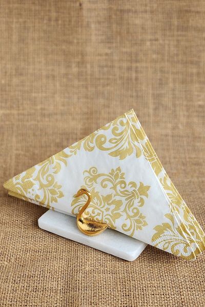 ioadesign Eda - Real Fine Marble and Gold Metal Swan Napkin Holder with Figure