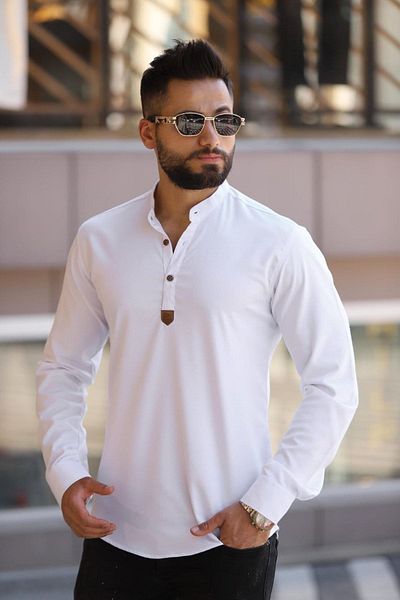 blackpanther Slim Fit White Lycra Shirt with Studded Lapel and Honeycomb Fabric