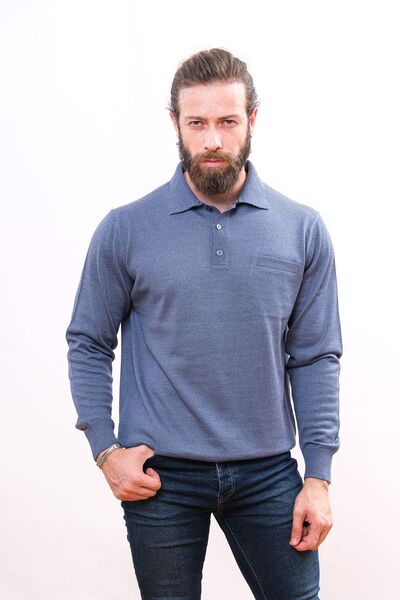 Çukurova سترة تريكو من الصوف بياقة بولو - أزرق طيار