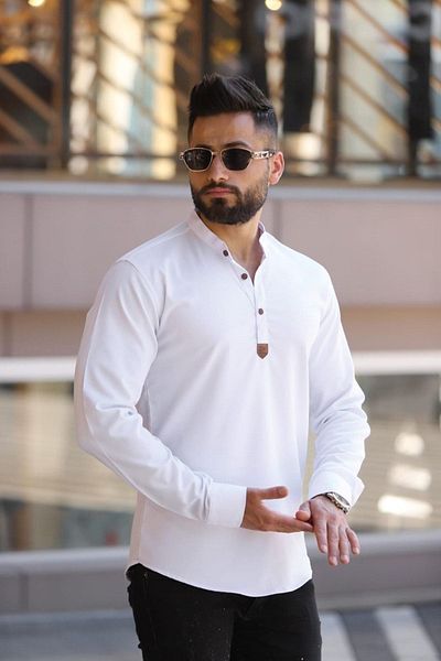 blackpanther Slim Fit White Lycra Shirt with Studded Lapel and Honeycomb Fabric