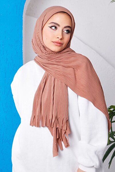 İmajButik Camel Moda Blue Pleated Practical Ready Shawl