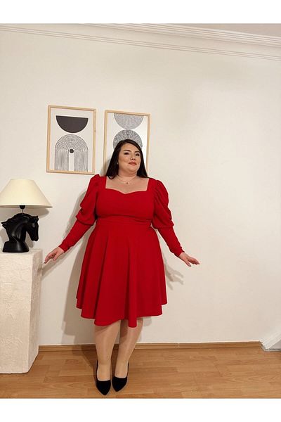 Kendinisevbutik Rochie roșie de mărime mare cu mânecă cu balon