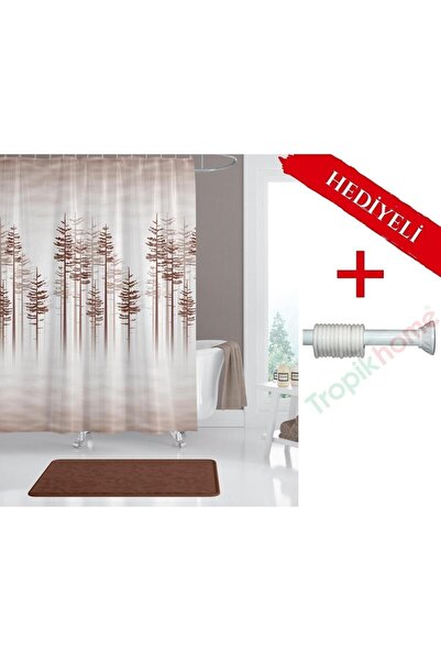 Tropikhome Ağaç Desen Banyo Perdesi Askı Hediyeli 180x200cm Tek Kanat Duş Per...