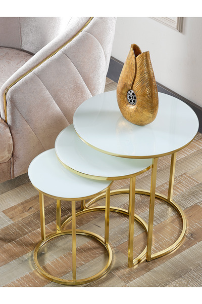 SEDAŞ LIVING UNITS 3' Lü Beyaz Temperli (Kırılmaz) Cam Gold Ayak Zigon Sehpa