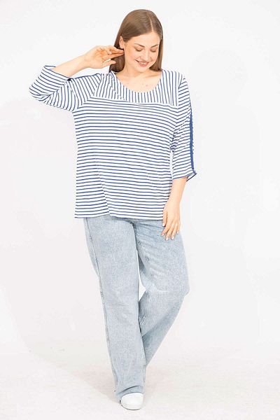 Şans Women's Saks Large Size Cotton Fabric Stripe Combination Blouse 65n35572