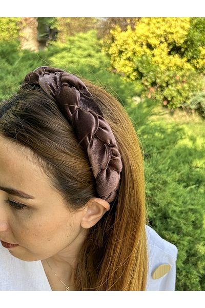 ByMerve Bym171 Model de împletitură Coroana pentru femei Accesoriu pentru păr din catifea Coroana de păr maro amar