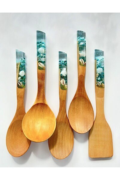 LOTUSSPOON Okyanus Serisi Premium El Yapımı 5 Parça Tahta Kaşık, Mutfak Seti/kaşık,kepçe,spatula,çeyiz Seti