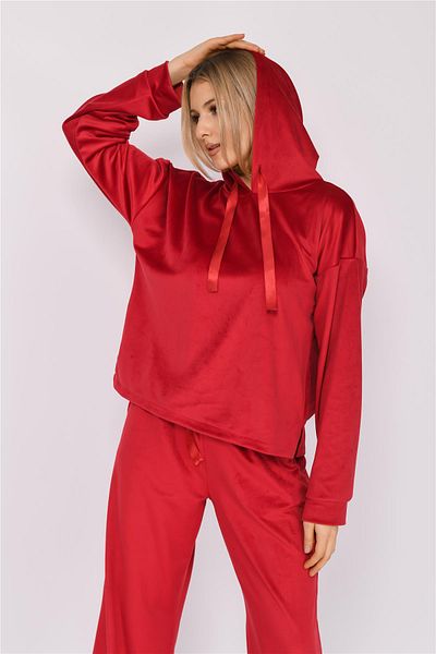 Nuseel Women's Soft Velvet Loose Fit Hooded Tracksuit Red