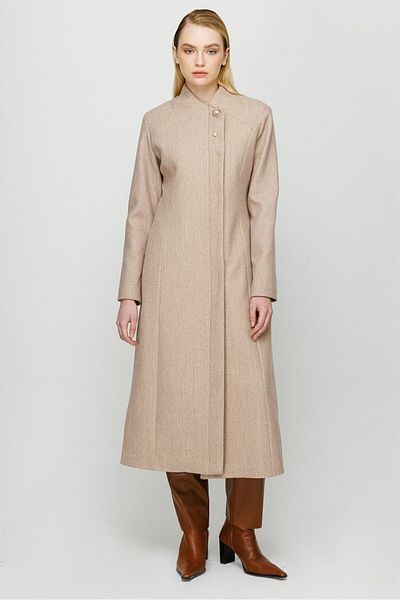 Esswaap Turn-Down Collar Pearl Brooch Detailed Intermediate Coat Beige