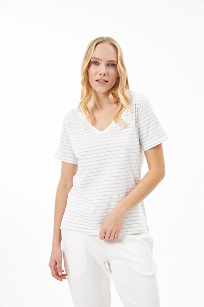 Elegant Design 100% Organic Cotton V-Neck Striped T-shirt Ecru/Brown