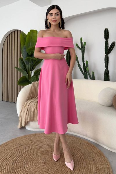WOMAN VISION Rochie midi evazată Atlas roz - Guler Madonna 222