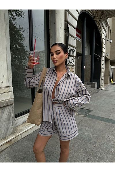 BSAY Women's Wide Striped Side Zipper Shorts Double Suit