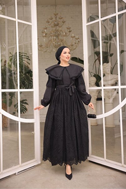 Afra Collared Long Lined Embroidery Fabric Scallop Dress