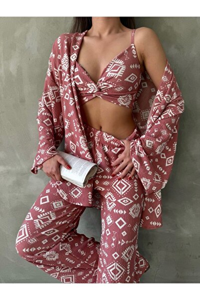 ubmbutik Women's Bottom Top Set - Wrinkled Fabric - Triple Kimono Set (Pants - Kimono - Bustier)