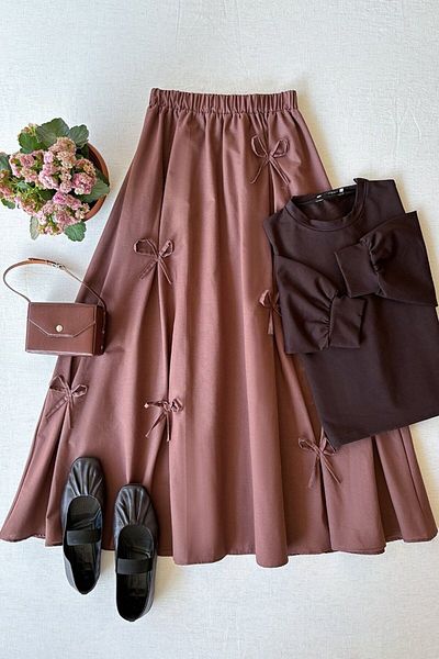 Ceylan Otantik Chocolate 2 Yarn Crop & Bitter Brown Bow Skirt Set
