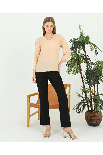 ABS FASHİON Beige Colored Long Sleeve Women's Blouse - Elastic Sleeves