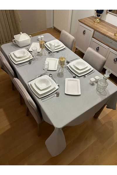 Zeren Home مفرش طاولة من الكتان اللامع باللون الرمادي - مجموعة Meral Lead، بوليستر