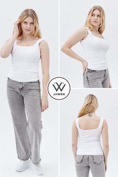 JAWEN Women's New Season Full Flexible Comfort Model Square Collar Knitted Knitwear Ribbed Look Thick Strap Tank Top