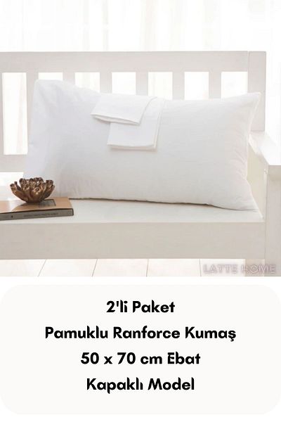 LATTE TEKSTİL Ranforce White Cotton Pillow Case - Model with Cover, Pack of 2 50x70 cm Size