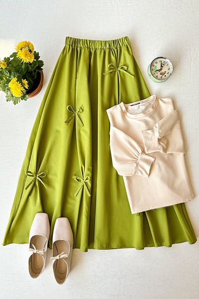 Ceylan Otantik Cream 2 Yarn Crop & Pistachio Green Bow Skirt Set