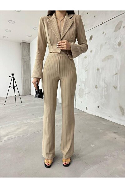 ALLEYTA Γυναικείο κοντό σακάκι παντελόνι με ένα κουμπί με λεπτομέρειες Σετ διπλό ριγέ