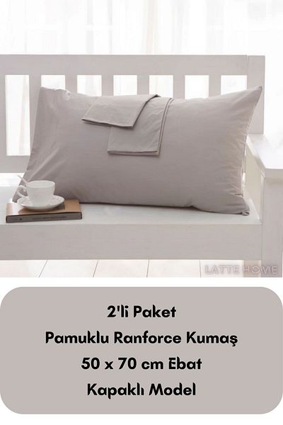 LATTE TEKSTİL Ranforce Gray Cotton Pillow Case - Model with Cover, Pack of 2, Size 50x70 cm