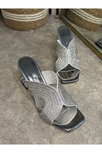 Allyup Daily Women's Slippers Silver Jewelled Blunt Toe Thick Transparent Heels Comfortable Sole Lightweight Summer 84