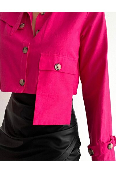 Cardella Λεπτό καλοκαιρινό κοντό γυναικείο πουκάμισο με ασύμμετρη λεπτομέρεια τσέπης και κουμπιού