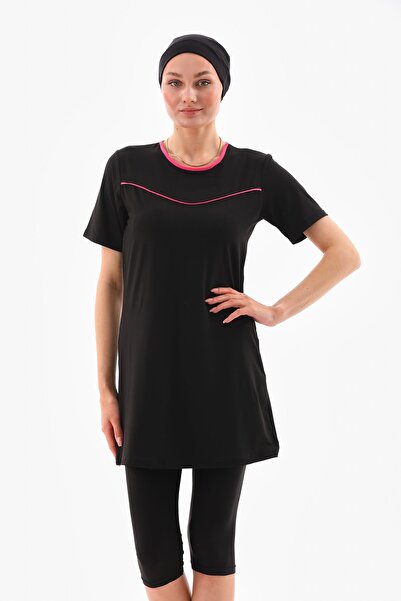 medipek Ροζ Piping Lycra Ημικαλυμμένο μαγιό Hijab Μαύρο