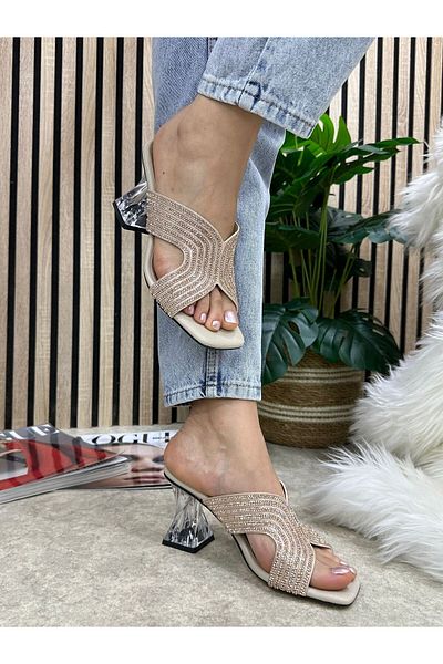 Allyup Daily Women's Slippers Beige Jewelled Blunt Toe Thick Transparent Heels Comfortable Sole Lightweight Summer 84