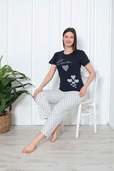 PİJAMORE طقم بيجامة صيفية للنساء باللون الأزرق الداكن وأكمام قصيرة من القطن ع...