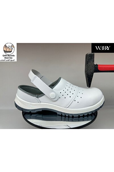e&e Mekap 210 S1 Beyaz Unisex Ortopedik Tabanlı Çelik Burunlu Gıda Fabrika Aşçı Şef İş İçin Sabo Terlik