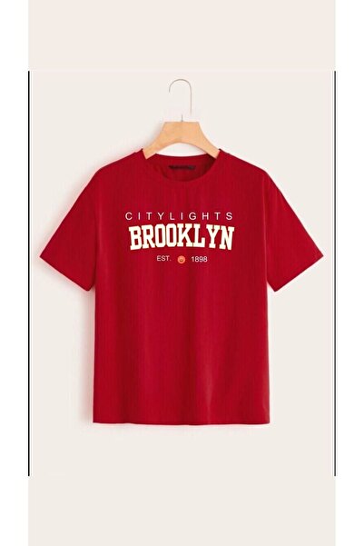 Topçu Bisiklet Yaka Brooklyn Baskılı Kırmızı Unisex Baskılı Çocuk T-shirt