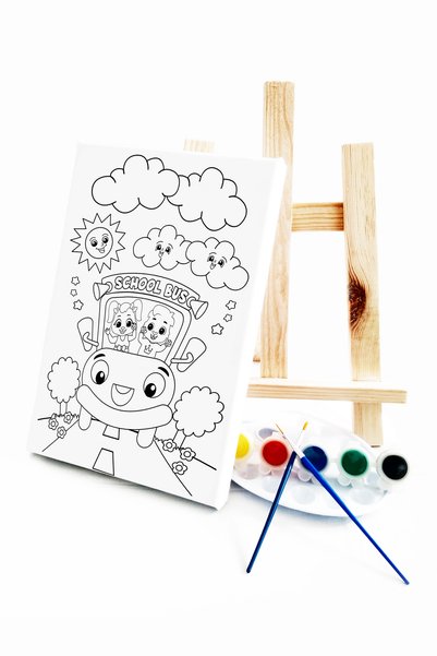 lilafil School Bus Children's Painter Set - 20 X 30 cm Canvas with Precription, 2 Brushes, Palette, Paints and Easels