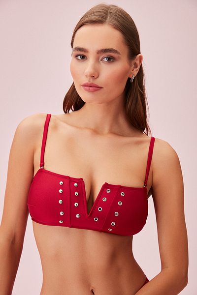 SUWEN Top de bikini Bandeu cu decolteu în V cu mărgele