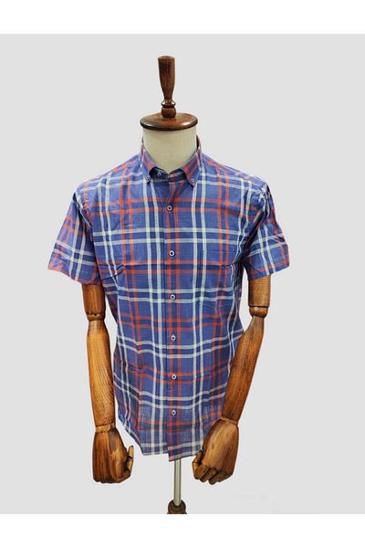 DİGO Plaid Patterned Linen Shirt - Regular Fit, PocKet, Short Sleeve
