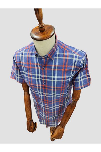 DİGO Plaid Patterned Linen Shirt - Regular Fit, PocKet, Short Sleeve