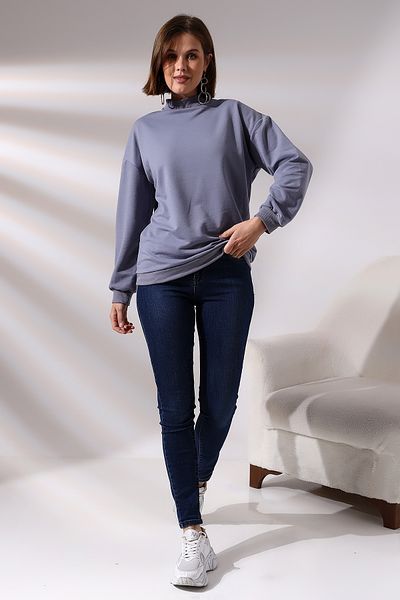 Ladies Hanorac lung pe jumătate cu gât rotit 19556 Vopsit în gri