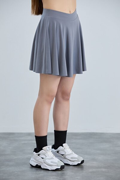 YUSUF CAN KARATAŞ KARATAŞ GİYİM Gray Flounce Shorts Skirt - Sandy Fabric with Elastic Waist