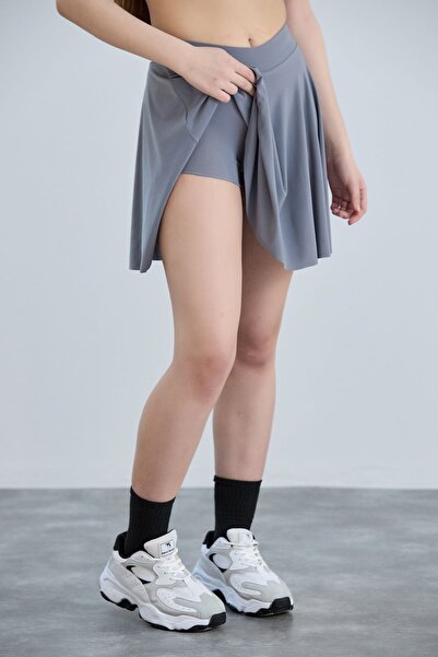 YUSUF CAN KARATAŞ KARATAŞ GİYİM Gray Flounce Shorts Skirt - Sandy Fabric with Elastic Waist