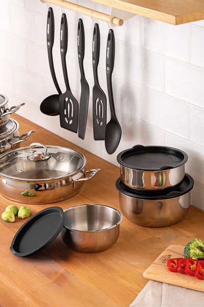 Emsan Mix Cook Hide 17 Piece Steel Cookware Set with Serving Utensils