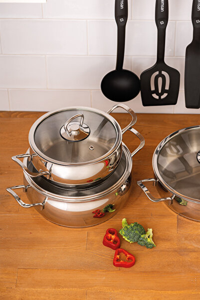 Emsan Mix Cook Hide 17 Piece Steel Cookware Set with Serving Utensils