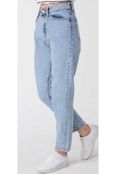MAKRAS EXCLUSIVE Dora Women's High Waist Blue Snow Wash Lycra Mom Jeans Denim Trousers