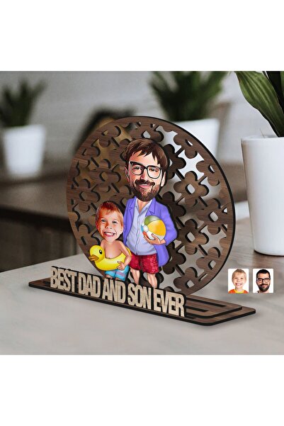 Bk Gift Kişiye Özel 3 Katmanlı Baba-Oğul Karikatürlü Ahşap Biblo-9, Babaya He...