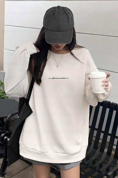 Millionaire Women's Off-White Cream Ecru Dreamer Printed 0 Crew Neck Oversize Loose Loose Fit Fleece Sweatshirt