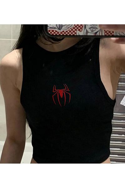 Gofeel Y2k Μαύρο Κεντημένο Crop Top - Λεπτομέρεια αράχνη