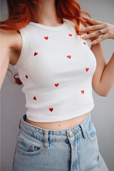Gofeel Y2k Λευκή Καρδιά Λεπτομερή Crop Top